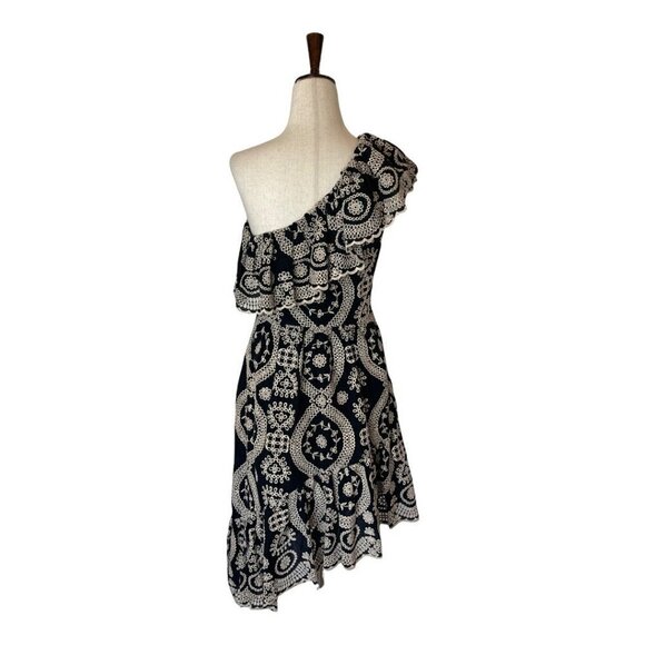 LoveShackFancy Black And Cream Pamela Asymmetric One Shoulder Flounce Dress S - Picture 4 of 14